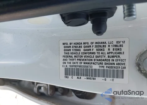 2012 Honda Civic Ex from USA, damaged, VIN 19XFB2F88CE058723